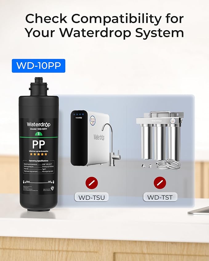 Waterdrop WD-10PP Water Filter Replacement for Waterdrop TSA & TSB & TSA-UF & TSB-ALK & TSB-CM 3-stage Under Sink Water Filter System, 6 months, 1 Pack