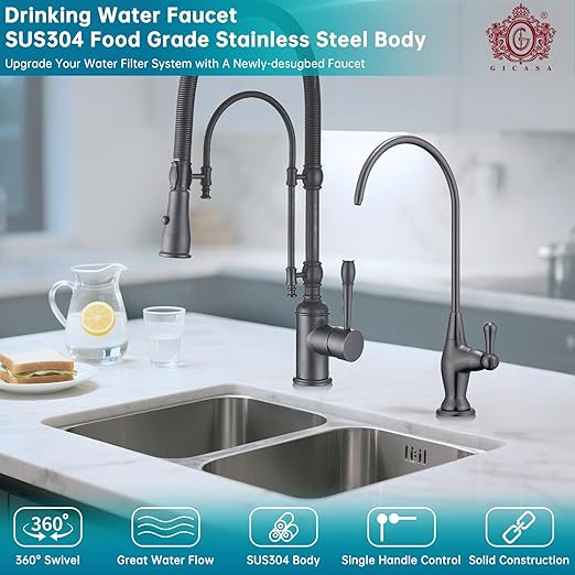 Stainless Steel Sink Drinking Water Faucet, Sink Water Filter System, Suitable for Most Reverse Osmosis or Water Filtration Systems, Stainless Steel Reverse Osmosis Faucet for Kitchen Bar, Grey