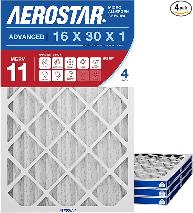 Aerostar 16x30x1 MERV 11 Pleated Air Filter, 4 Pack, AC Furnace Filters, HVAC Filter, Air Conditioner Filters, Heater Filters Replacement for Home (Actual Size: 15.5x29.5x0.75)
