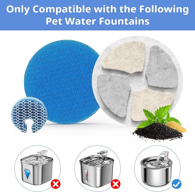 Stainless Steel Cat Water Fountain Filters, 10 Pack Replacement Filters Fit for Round 2L/67oz Automatic Pet Fountain, Filter with Triple Filtration System (10+10+10)