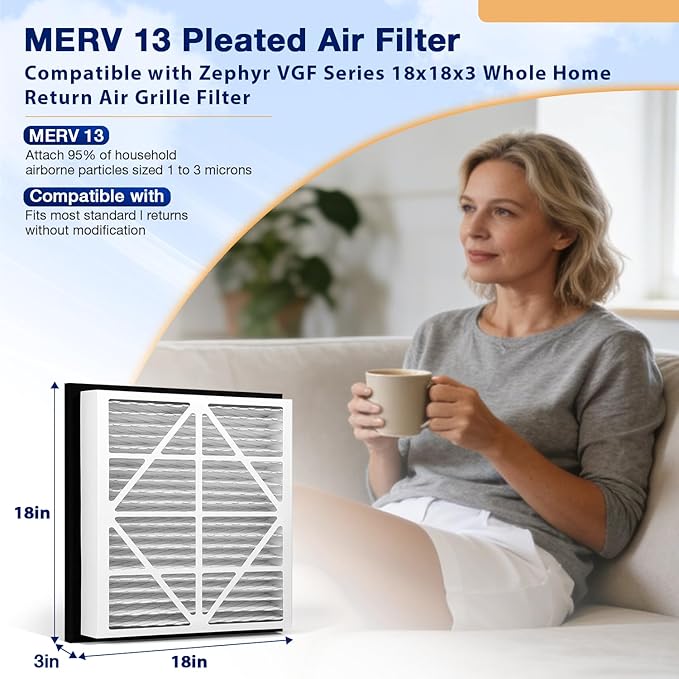 2Pack 18x18x3 MERV13 air Filter Pleated Whole House Return Grille Filter Replacements are perfectly compatible with the Zephyr VGF Series 18x18x3 Whole House Return Grille Filter