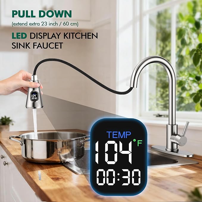 HOMELODY LED Temperature Display Kitchen Faucet with Pull Down Sprayer - Brushed Nickel Single Handle Kitchen Sink Faucet, High Arc Stainless Steel Design for RV Laundry Farmhouse Bar