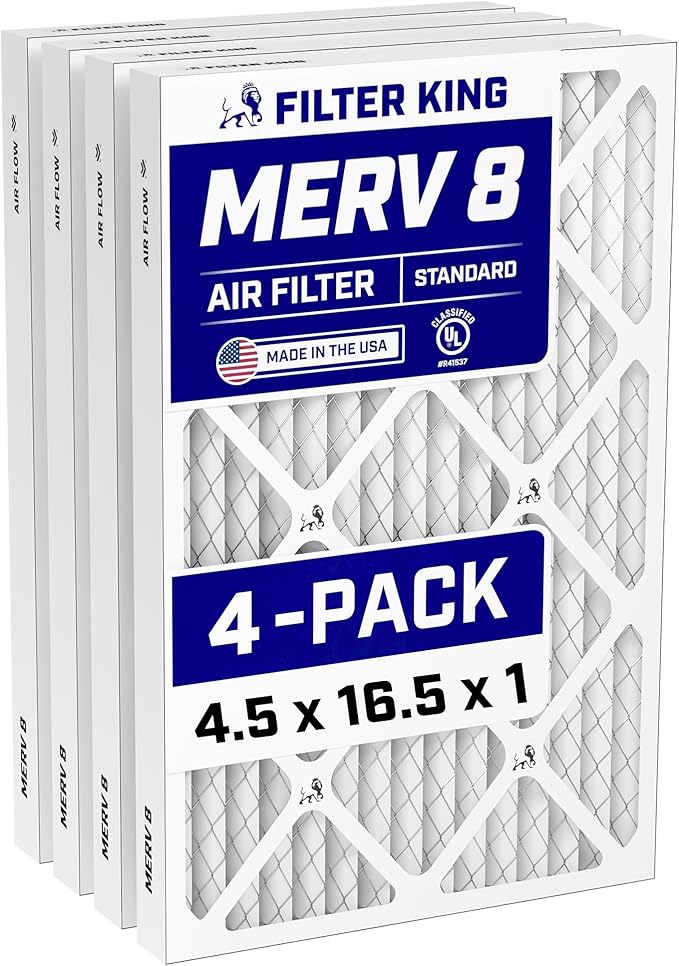 Filter King 4.5x16.5x1 Air Filter (MERV 8) (4-Pack) Dust & Allergy Control AC Furnace Filters, MADE IN USA, HVAC, Pleated, Electrostatic (Actual Size: 4.5 x 16.5 x .75)