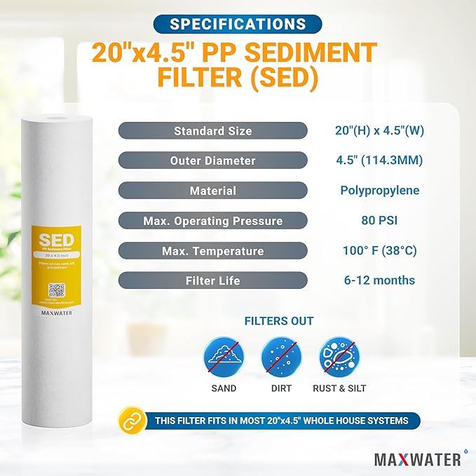 Max Water 5 Micron 20 x 4.5 Whole House Sediment Filter 20 inch Well Water Filter Replacement Cartridge Compatible DGD-5005-20, FP25B, AP810-6, FPMB5-20, 155358-43, 2 Pack