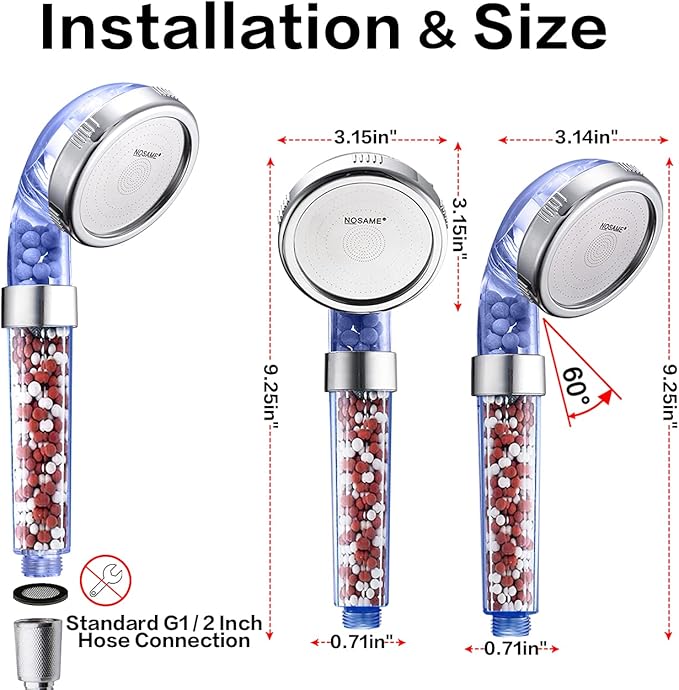 Nosame Shower Head with Hose and Bracket, Filter Filtration High Pressure Water Saving 3 Mode Function Spray Handheld Showerheads for Dry Skin & Hair