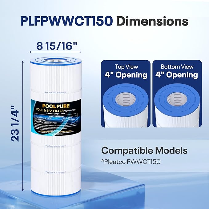 POOLPURE PLFPWWCT150 Pool Filter Replaces PWWCT150, Ultral-B3, Clearwater II ProClean 150, 817-0150N, Unicel 8414, Filbur FC-1287, SD-00210, 150 Sq.ft Filter Cartridge (1 Pack)
