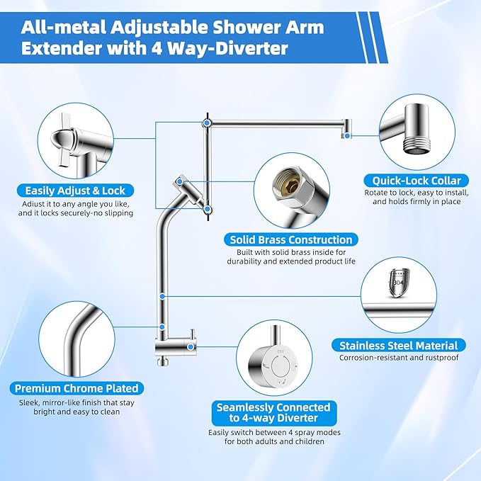 All-Metal 10" High-Pressure Rain Shower Head with Handheld - 10-Spray Power Wash with Filter Element, Easy Reach 4-Way Diverter with Pause Mode, Flexible 16" Extension Arm and 71" Hose, Chrome