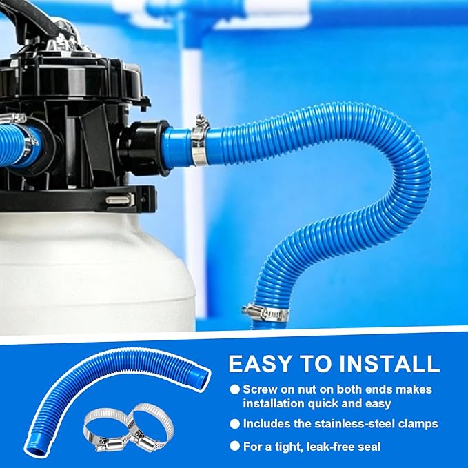 Pool Sand Filter Pump Hose, 1.25" Diameter Pool Filter Hose Replacement for Above Ground Pools, 16 Inch Pool Pump Hoses Compatible with Pump Sand Filter and Saltwater Systems(2 Pack, Blue)