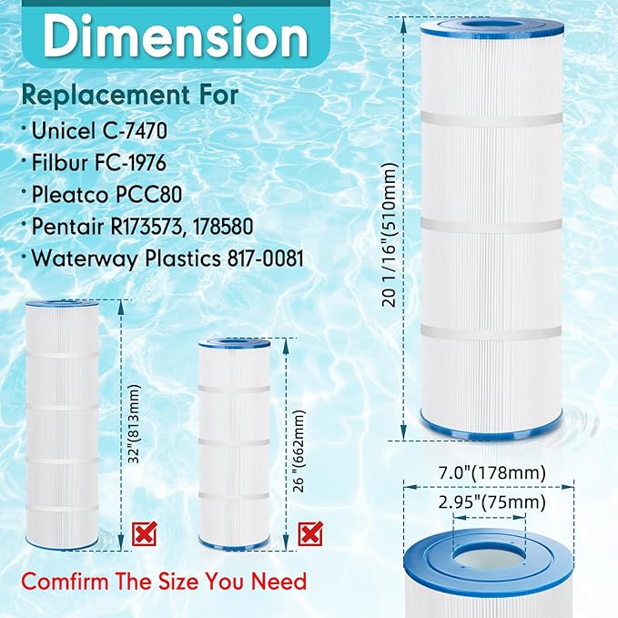 C-7470 Pool Filter Cartridges Compatible with Pentair CCP320, Clean & Clear Plus 320 | 7" x 20 1/16" | 4x80 sq.ft | Fits FC-1976, PCC80, 178580 (4 Pack)