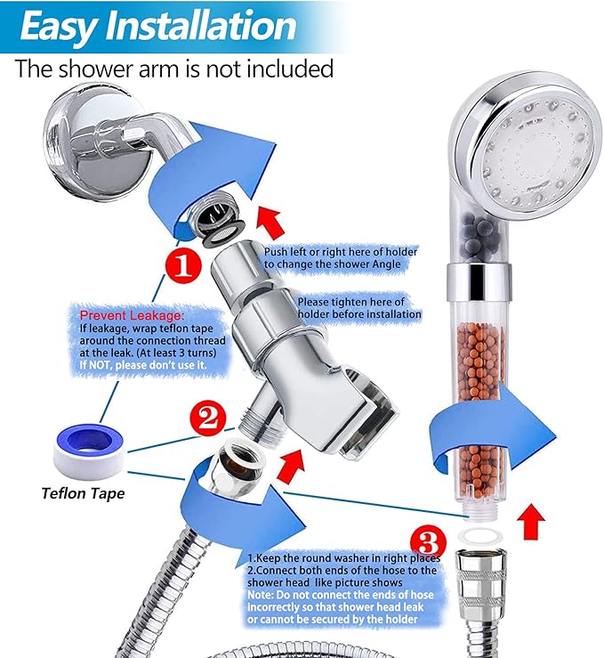 FASTRAS LED Shower Head with Handheld, Shower Head High Pressure Shower Head with Hose, Holder & PTFE Tape etc, 3 Water Temperature-Controlled Water Saving Filtered Shower Head for Dry Hair& Skin