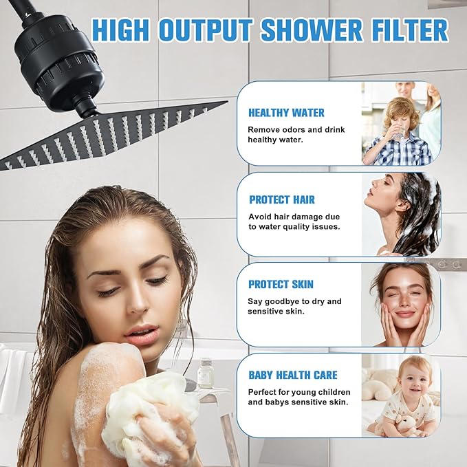 2 Pack Shower Head Filter for Hard Water, Multi-Stage Filtration Reduces Chlorine, Fluoride & Heavy Metals, Universal High Pressure Shower Filter for Skin & Hair, Matte Black