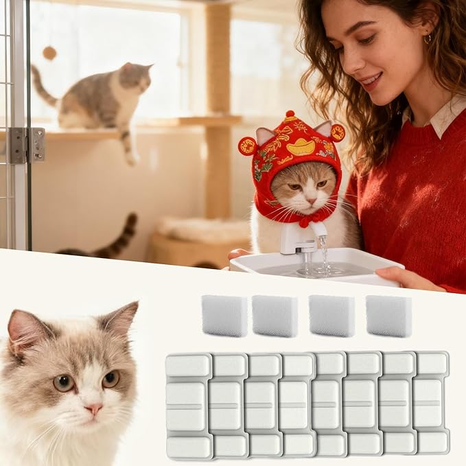 Premium Cat Fountain Filter 8.4x4.3x1cm, Odor Removal Filter Set with Sponges for Pet Drinking Dispenser, Apartment, Indoor Use, Daily Maintenance
