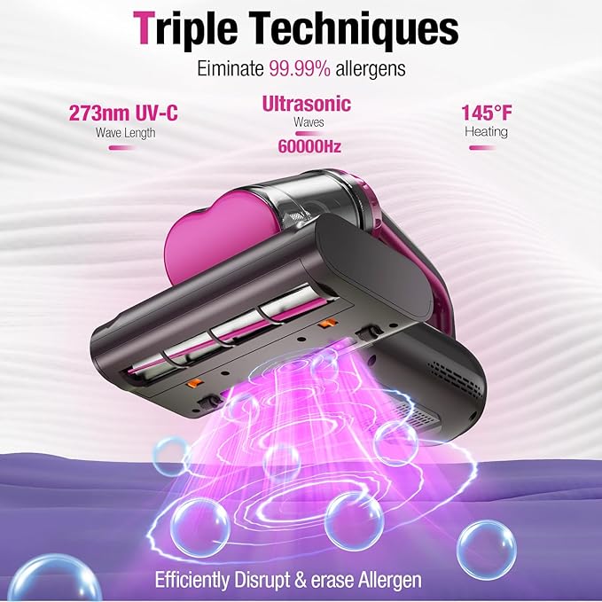 BYHUME Mattress Vacuum Cleaner, 17Kpa Bed Vacuum Cleaner, 273nm UV-C Light & Ultrasonic 145°F Heating, 80000 RPM/Min Brushroll Rotation, Wide Suction Port for Pillows Cribs Sofa, Black Corded
