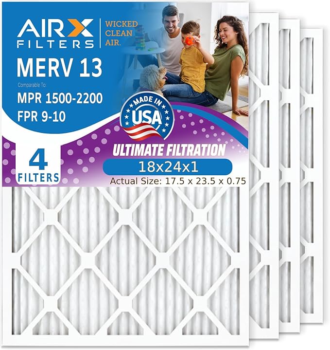 AIRX FILTERS WICKED CLEAN AIR 18x24x1 MERV 13 Electrostatic Pleated Air Conditioner Filter 4 Pack HVAC AC Furnace Filters