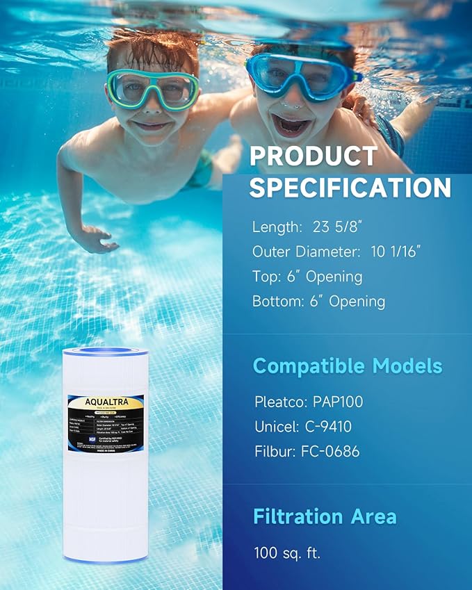 AQUALTRA Pool Filter Compatible with CC100, C-9410, CCRP100, PAP100, PAP100-4, Ultral-C3, R173215, FC-0686, 100 sq. ft., 23 5/8" x 10 1/16" 2 Pack