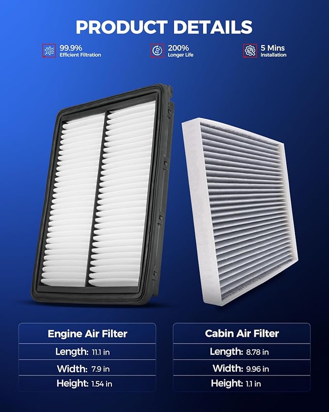 KAX Engine & Cabin Air Filter Kit, Replacement for Kia Optima 2016-2020 (2016 only GAS not for FHEV), Hyundai Sonata Hybrid Models 2016-2019, Replace# CA11942 CF12159