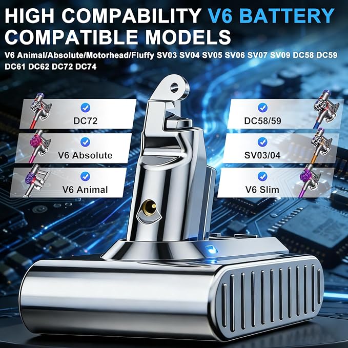 Bonacell 7000mAh Replacement for Dyson V6 Battery 21.6V Compatible with V6 Animal/Absolute/Motorhead/Fluffy SV03 SV04 SV05 SV06 SV07 SV09 DC58 DC59 DC61 DC62 DC72 DC74