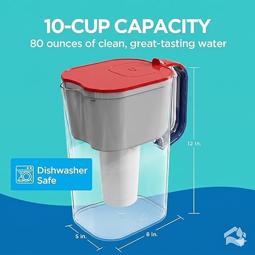 Limited Edition HOMEWATER 10-Cup Pitcher Filter (Red, White and Blue America Pitcher) – BPA-Free, High-Capacity 2.4L Fast-Flow Carbon Filter, Easy Pour, Locking Lid, Dishwasher-Safe