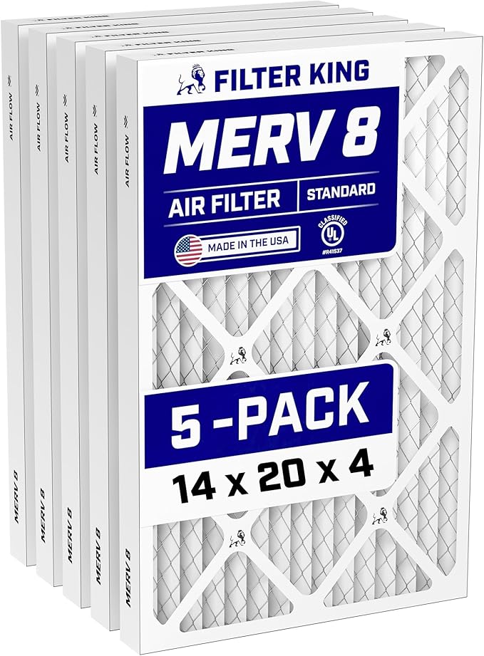 Filter King 14x20x4 Air Filter (MERV 8) (5-Pack) Dust & Allergy Control AC Furnace Filters, MADE IN USA, HVAC, Pleated, Electrostatic (Actual Size: 13.5 x 19.5 x 3.75)