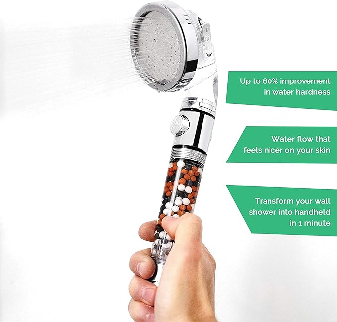 Original StoneStream Filtered Shower Head, Eco Power High Pressure Water Softener Showerhead with ON/OFF switch and Spa like Ionic beads for Dry Skin & Hair — 3 Spray Settings