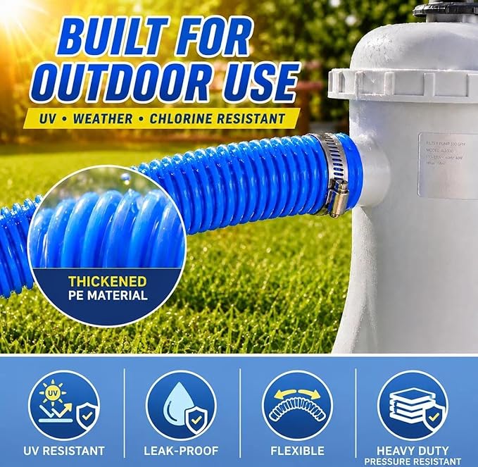 Replacement Pool Hoses for Above Ground Pools 1 1/4, 59"" Long Filter Pump Hose, 1 Pack Pool Pump Hose with 2 Metal Clamps (Blue)