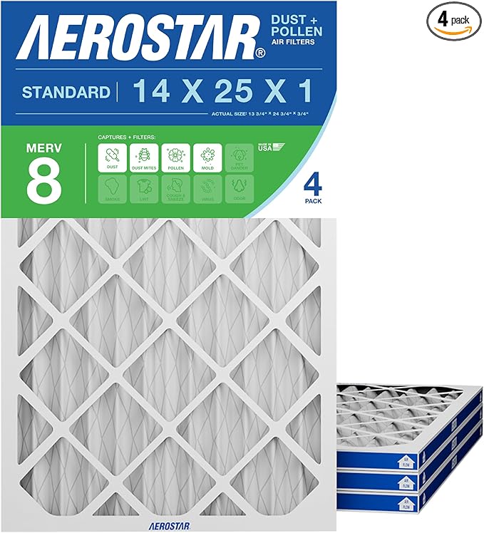 Aerostar 14x25x1 MERV 8 Pleated Air Filter, 4 Pack, AC Furnace Filters, HVAC Filter, Air Conditioner Filters, Heater Filters Replacement for Home (Actual Size: 13.75x24.75x0.75)