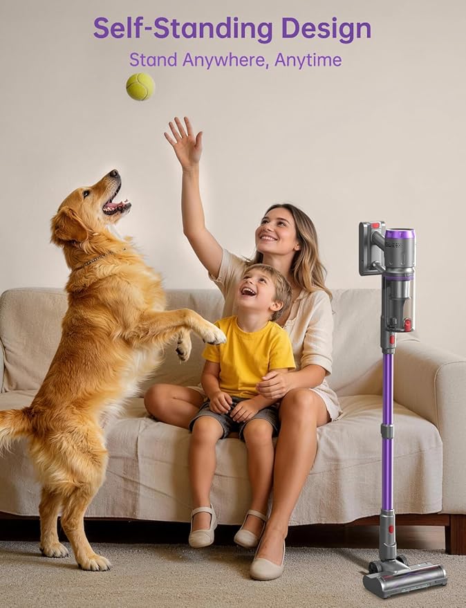 OXVAC Cordless Vacuum Cleaner, 60KPa 650W Stick Vacuum with 80Mins Runtime, Smart AUTO Mode, Anti-Tangle Brush, Self-Standing Vacuum Cleaner for Home, Pet Hair, Carpet & Hardwood Floor, Purple