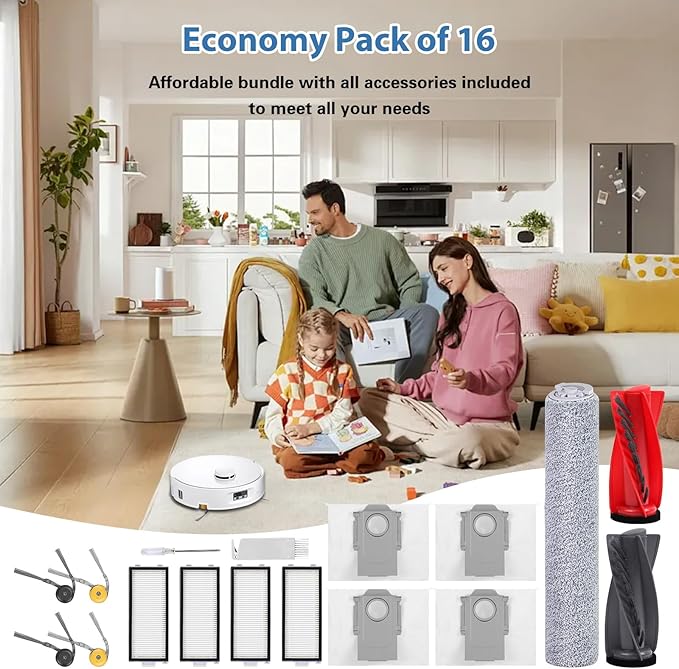 Accessories Replacement Kit for Roborock Qrevo Curv 2 Flow Robot Vacuum, 1 Main Brush, 1 Mop Rollers, 4 Filters, 4 Side Brushes, 4 Dust Bags, 1 Cleaning Tool