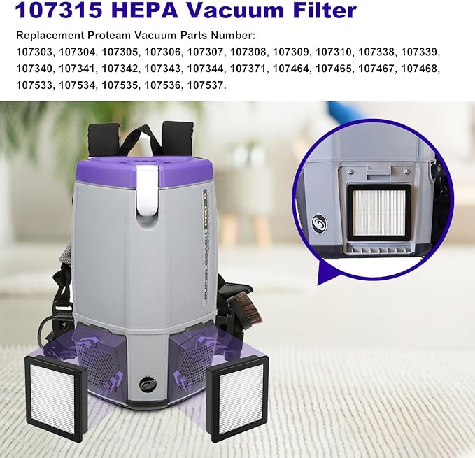 107315 HEPA Vacuum Filter Replacement Proteam Filter 107303 107304, HEPA Filter Twin Pack Compatible with Proteam Super Coach Pro 10, Super Coach Pro 6, ProVac FS 6 Vacuums - 2 Pack