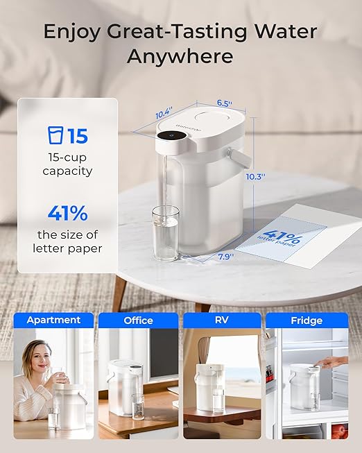 Waterdrop ED11W Rechargeable Water Filter Dispenser with 2 Filters, 5-Stage Long-Life Instant Electric Powerful Pitcher, Reduce 70+ Contaminants, Soften Water, 15-Cup Portable Countertop System, White