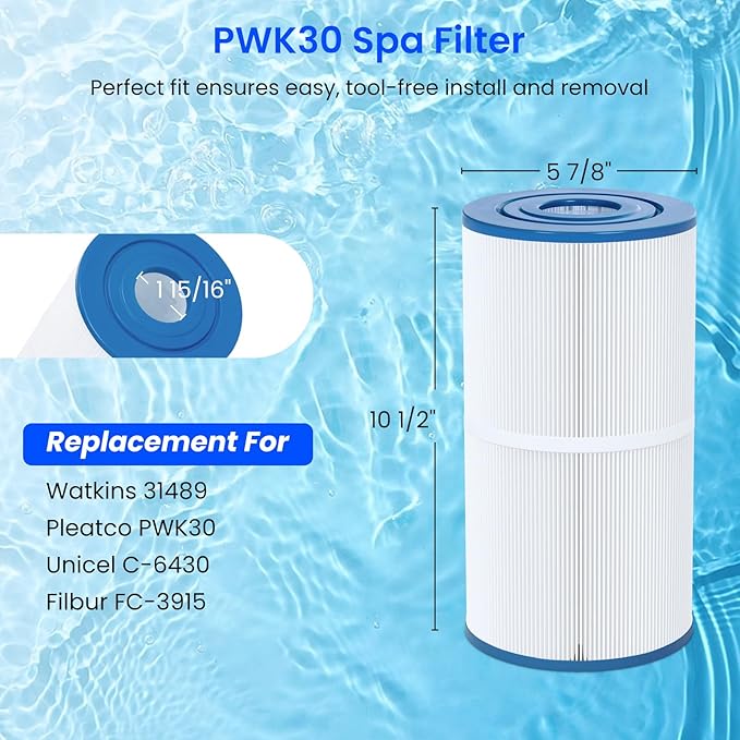 Future Way PWK30 Hot Tub Filters Replacement for Watkins 31489, Unicel C-6430, Filbur FC-3915, Pleatco PWK30 Hot Springs Spa Filters, 30 sq. ft, 2 Pack