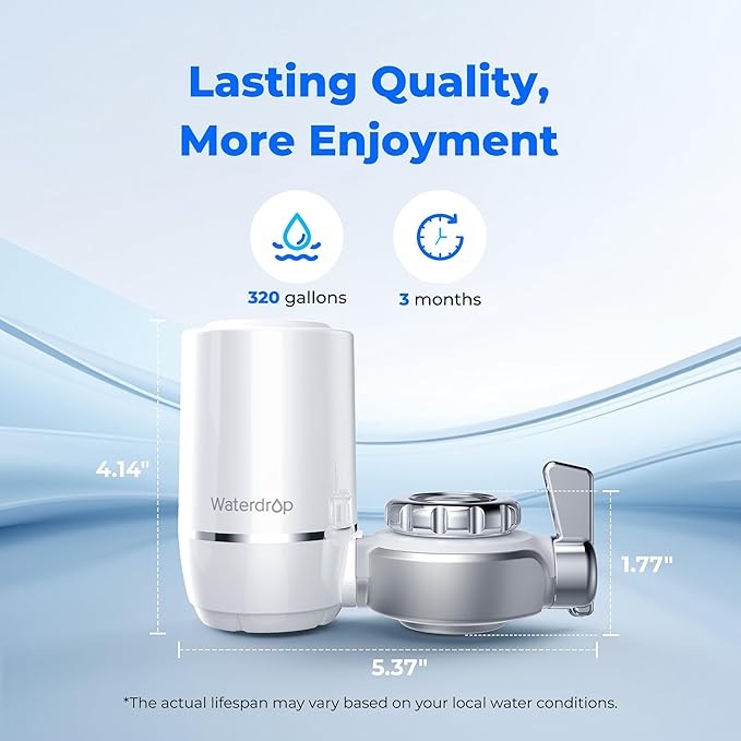 Waterdrop FC-01 Water Filter for Sink Faucet, NSF Certified Water Purifier, Tap Water Faucet for Kitchen Sink, Reduces Chlorine, Lead-Free Material, Easy Installation, 320 Gallons, 4 Filters