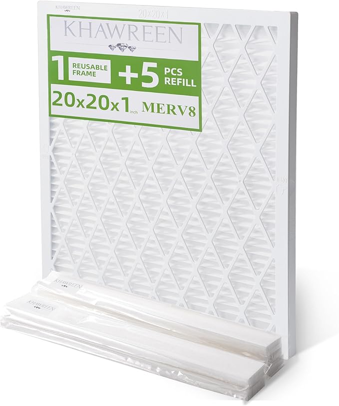 Reusable Air Filter Kit, MERV 8, Compatible with AC & Furnace System, Reusable & Washable 1 ABS Plastic Frame & 5 Replaceable Filter Media. (20x20x1in)