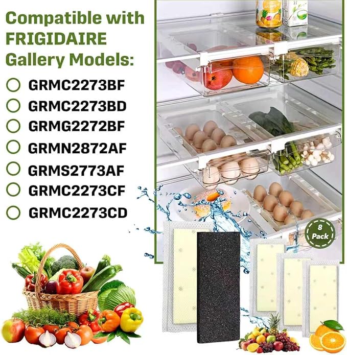 8-Pack Filter Refills Replace PureAir PK-2 Produce Keeper Plus, Compatible with Frigidaire Gallery Models GRMC2273BF, GRMC2273BD, GRMG2272BF, CrispSeal Plus, Activated Carbon Air Filter FRPAPK2RF