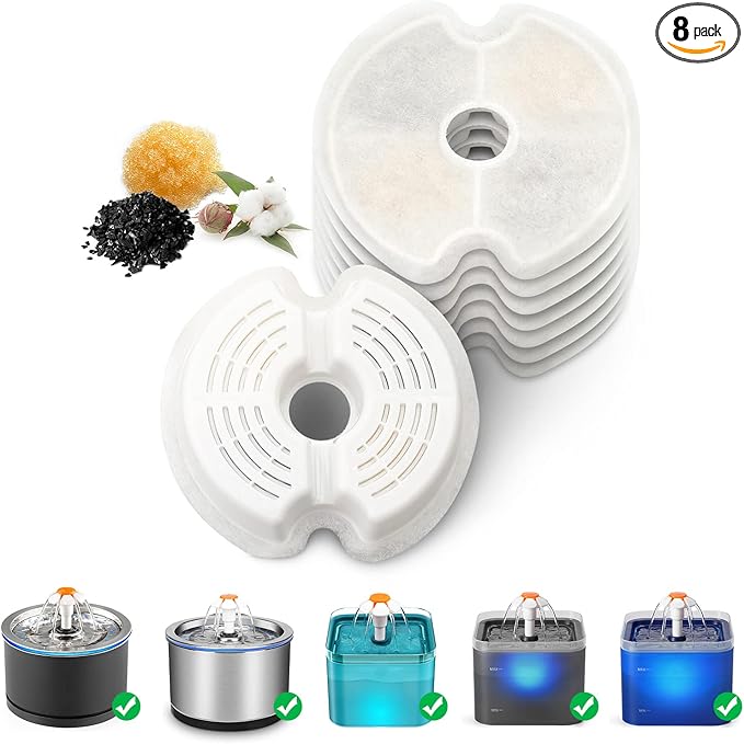 Cat Water Fountain Filters, 8 Packs Replacement Carbon Filters for Automatic Pet Fountain, Stainless Steel Cat Water Fountain