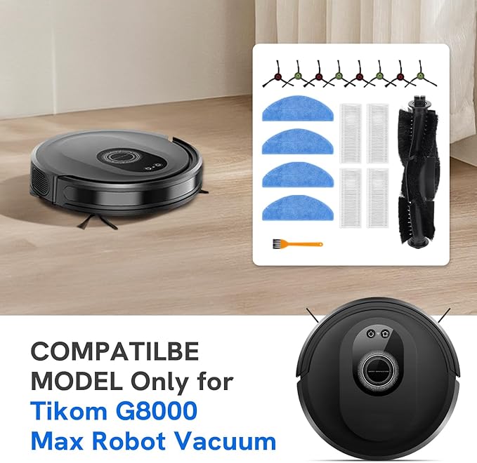 Replacement Parts for Tikom G8000 MAX/TikomL8000 Pro (2025 Year Versions)/L8000 Plus Robot Vacuum Cleaner - Spare Accessories - 1 Main Roller Brush 8 Side Brushes 4 HEPA Filters 4 Mop Pads 1 Brush