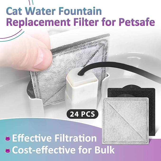24 Pcs Cat Water Fountain Replacement Filter Compatible with Petsafe Premier, Outlast Pumpless, Ion-X & Viva Pet Water Fountain, Double Filtration, Square (Black)