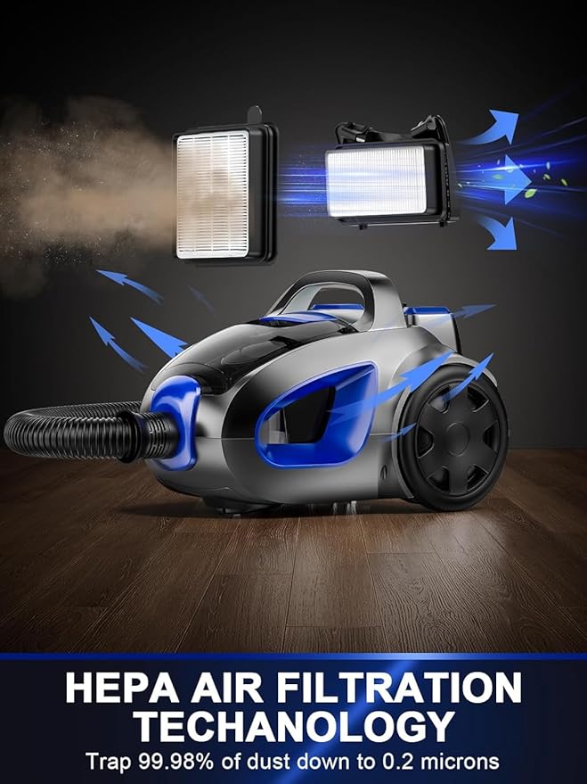 Canister Vacuum Cleaner, 40Kpa 1600W Cyclon Power Bagless Canister Vacuum Cleaners for Home, 3.7QT Large Dust Cup, Lightweight Vac for Hard Floors, Carpets, Pet Hair, Blue
