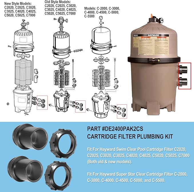 DE2400PAK2CS Filter Plumbing Kit Replacement Parts Fit For Hayward Swim Clear Pool Cartridge Filter C2020 C2025 C3020 C3025 C4020 C4025 C5020 C5025 C7000, For Hayward Super Star Clear C2000 - C5500