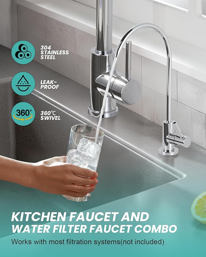 Kitchen Faucet and Water Filter Faucet: Chrome Kitchen Sink Faucet with Drinking Water Faucet - Stainless Steel Single Handle Tap with Pull Down Sprayer for Kitchen Sink Farmhouse Bar