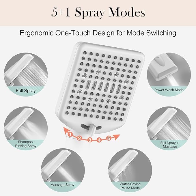 Homlord Filtered Shower Head with Handheld White - High Pressure 6 Modes, 120 Anti-clog Nozzles, Detachable Showerhead with Hard Water Filters, Extra Long 6ft Hose, Power Wash Mode for Bathroom, Pets