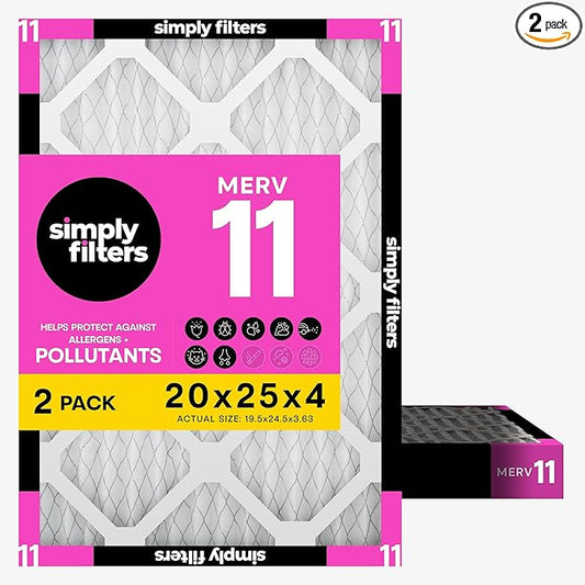 Simply 20x25x4 Air Filter, MERV 11, 2 Pack, Furnace Air Filter for HVAC (Actual Size:19.5"x24.5"x3.63") DUST, Pet, & Allergy Control