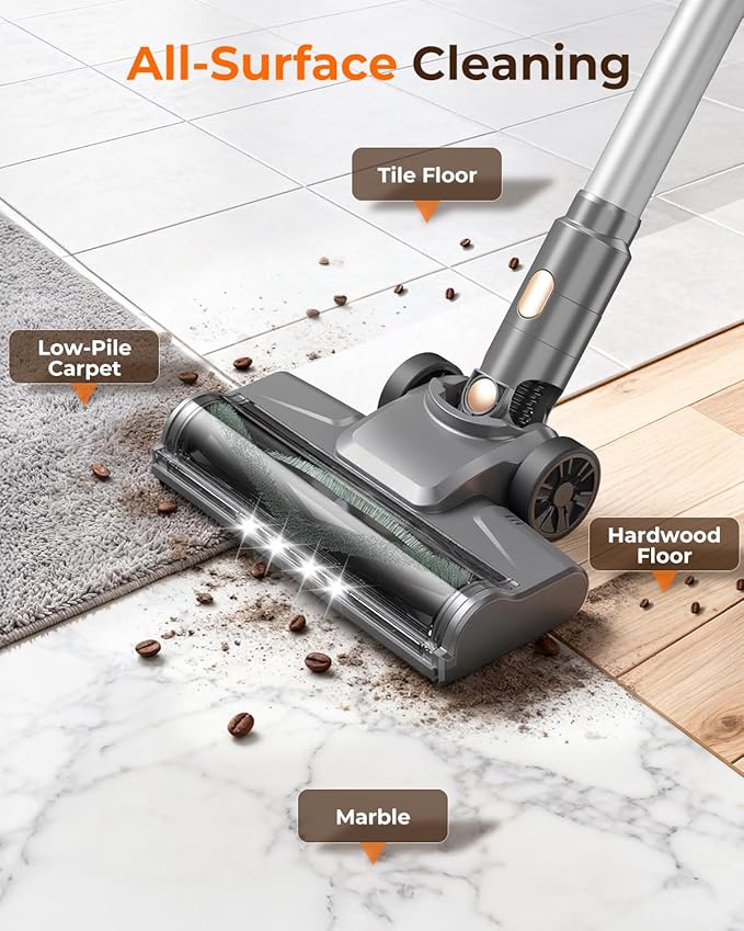 N8 Cordless Vacuum Cleaner,Lightweight Stick Vacuum with Powerful Suction,2200mAh Battery,40 Mins Runtime,Self-Standing,Rechargeable Vacuum Cleaners for Home Hardwood Floor Carpet Pet Hair (Peach)