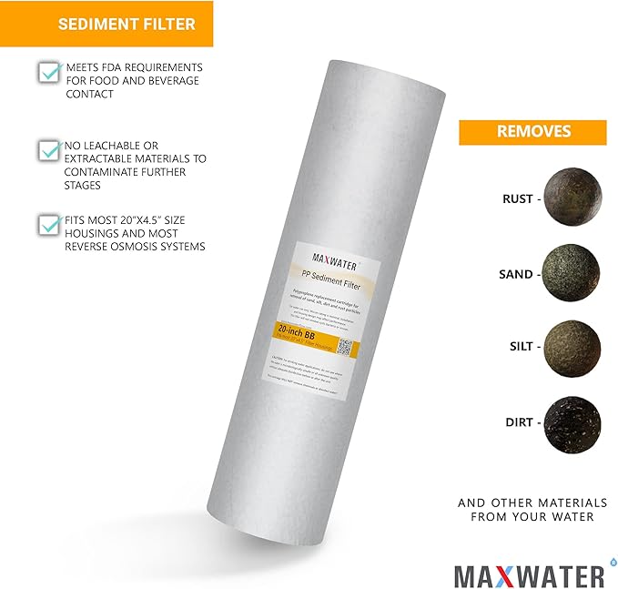 Max Water 5 Micron 20 x 4.5 Sediment Filter 20 inch Whole House BB Water Filtration System Replacement Compatible Cartridge DGD-5005-20, FP25B, AP810-6, FPMB5-20, P5-20, 155358-43, SDC-45-2005