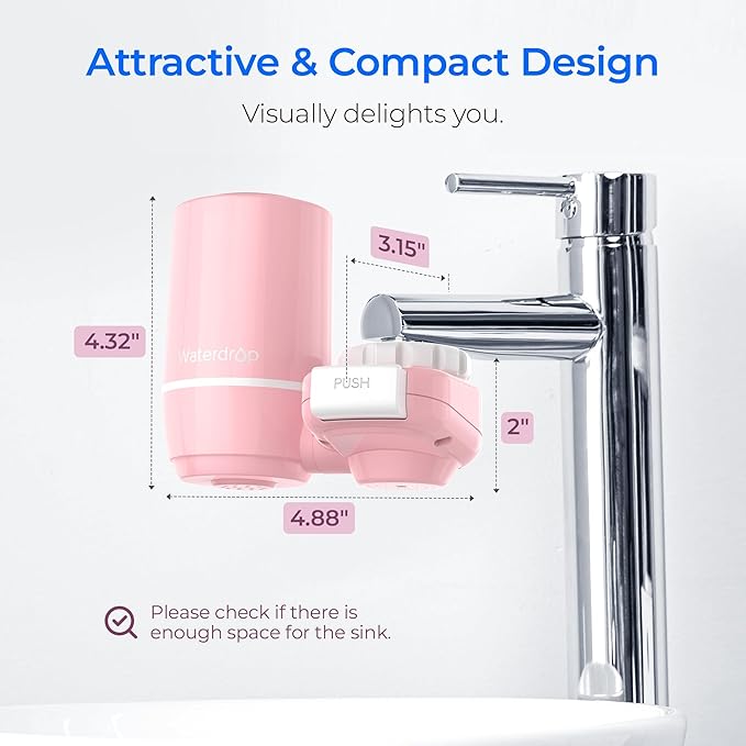 Waterdrop FC-02 Faucet Water Filter for Skin Care, Bathroom Sink Filter, NSF Certified Faucet 0.01μm Ultra-Filtration Water Filter, Reduces Chlorine Lead-Free Material, 320 Gallons, Pink, 1 Filter