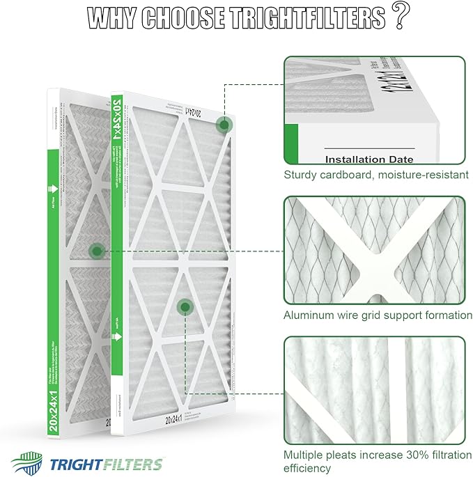 TRIGHTFILTERS 20x24x1 Air Filter 4 Pack, MERV 8 Pleated Dust Defense Air Filters Replacement Air Conditioner HVAC AC Furnace Filter, Durable and Lightweight