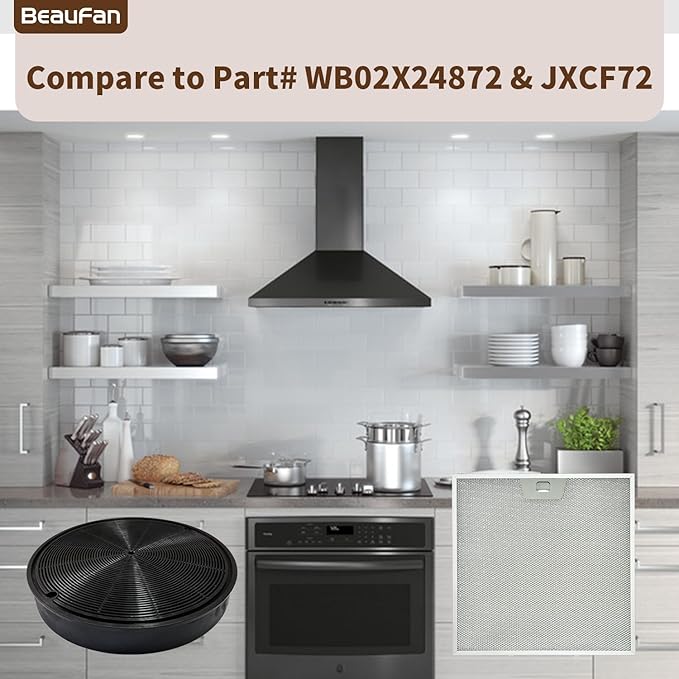 2 Pack WB02X24872 Range Vent Hood Grease Filter & 2 Pack JXCF72 WB02X24842 Charcoal Filter Compatible with GE Range Hoods JVW5301EJ1ES, JVW5301SJ1SS, JVW5301BJ1TS, JVW5301FJ1DS, JVW5301EJ2ES