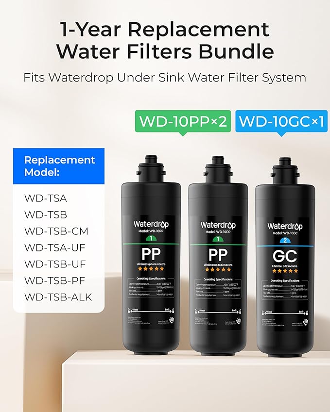 Waterdrop TSA 3-Stage Replacement Water Filter, 3-Pack (2 x 10PP, 1 x 10GC), Replacement for Waterdrop TSA & TSB & TSA-UF & TSB-CM 3-stage Under Sink Water Filtration System