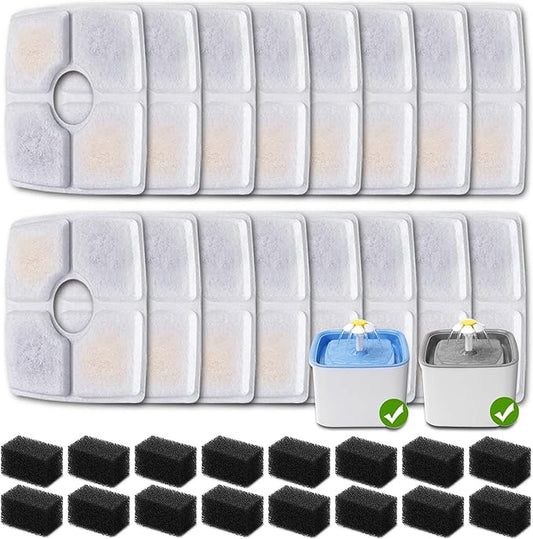 16 Pack Replacement Filters & 16 Pack Pre-Filter Sponges for Veken 84 oz / 2.5L Automatic Pet Water Fountain, Triple Filtration Cat Fountain Replacement Filter