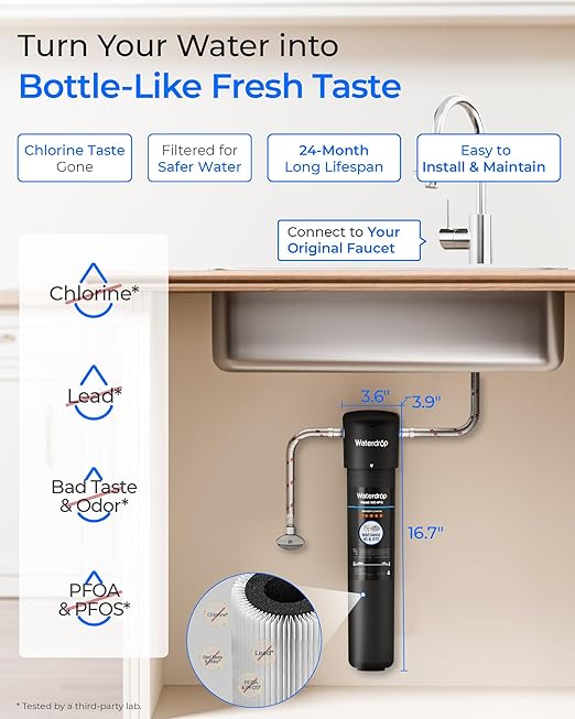 Waterdrop 15UA Under Sink Water Filter System, 2 Years, Reduces Lead, Chlorine, Bad Taste & Odor, Under Counter Water Filter Connects Directly to Your Faucet, NSF/ANSI 42 Certified